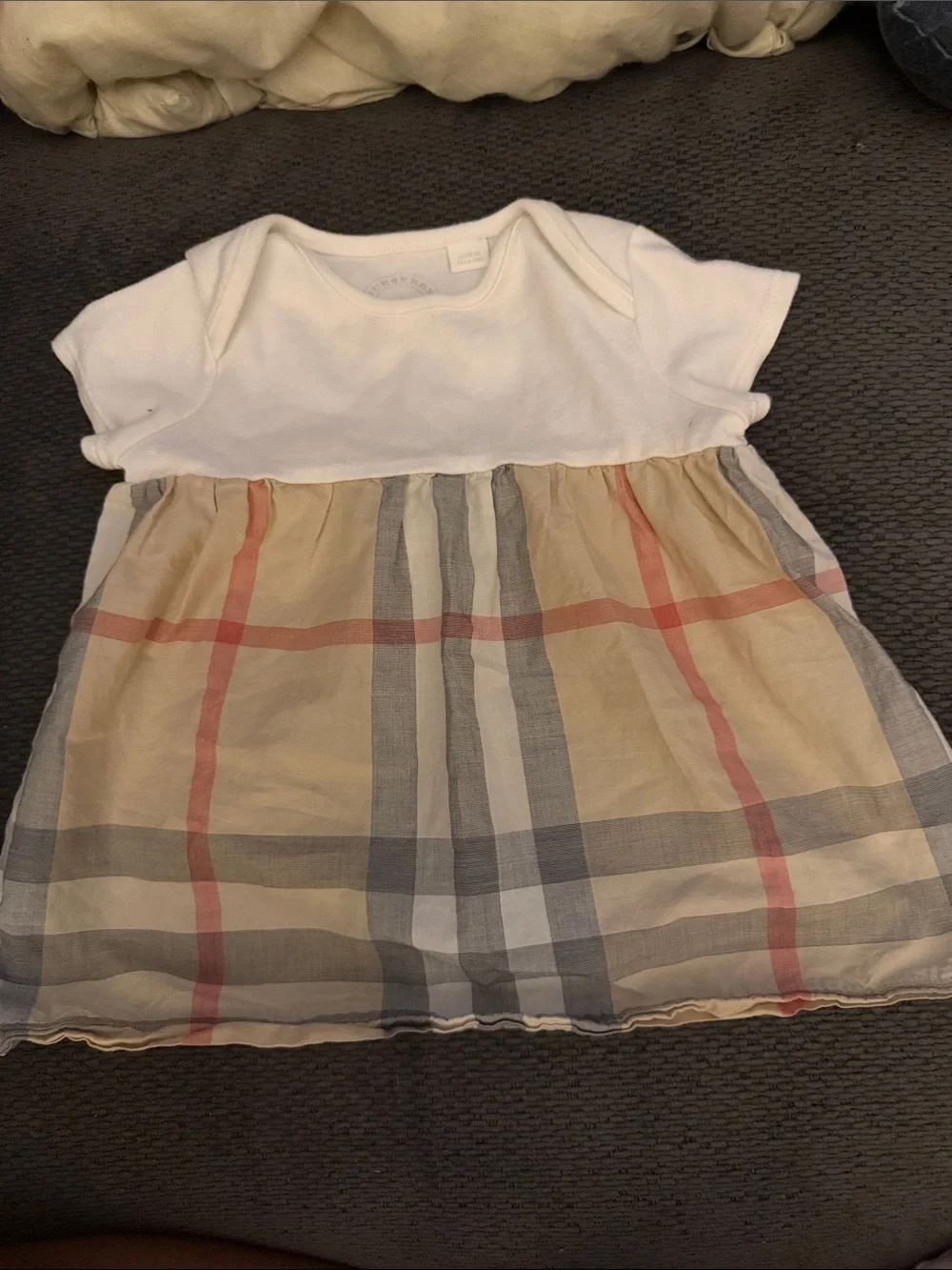 Burberry White Top with Beige and Red Plaid Skirt Kids Dress